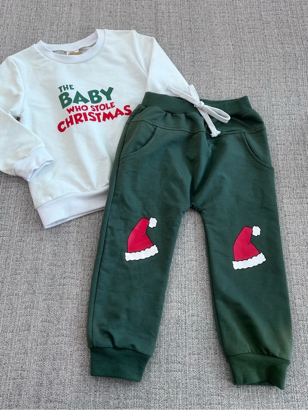 Kids Dark Green Holiday Joggers Red Santa Hat Detail & Matching Top Size 2-3T